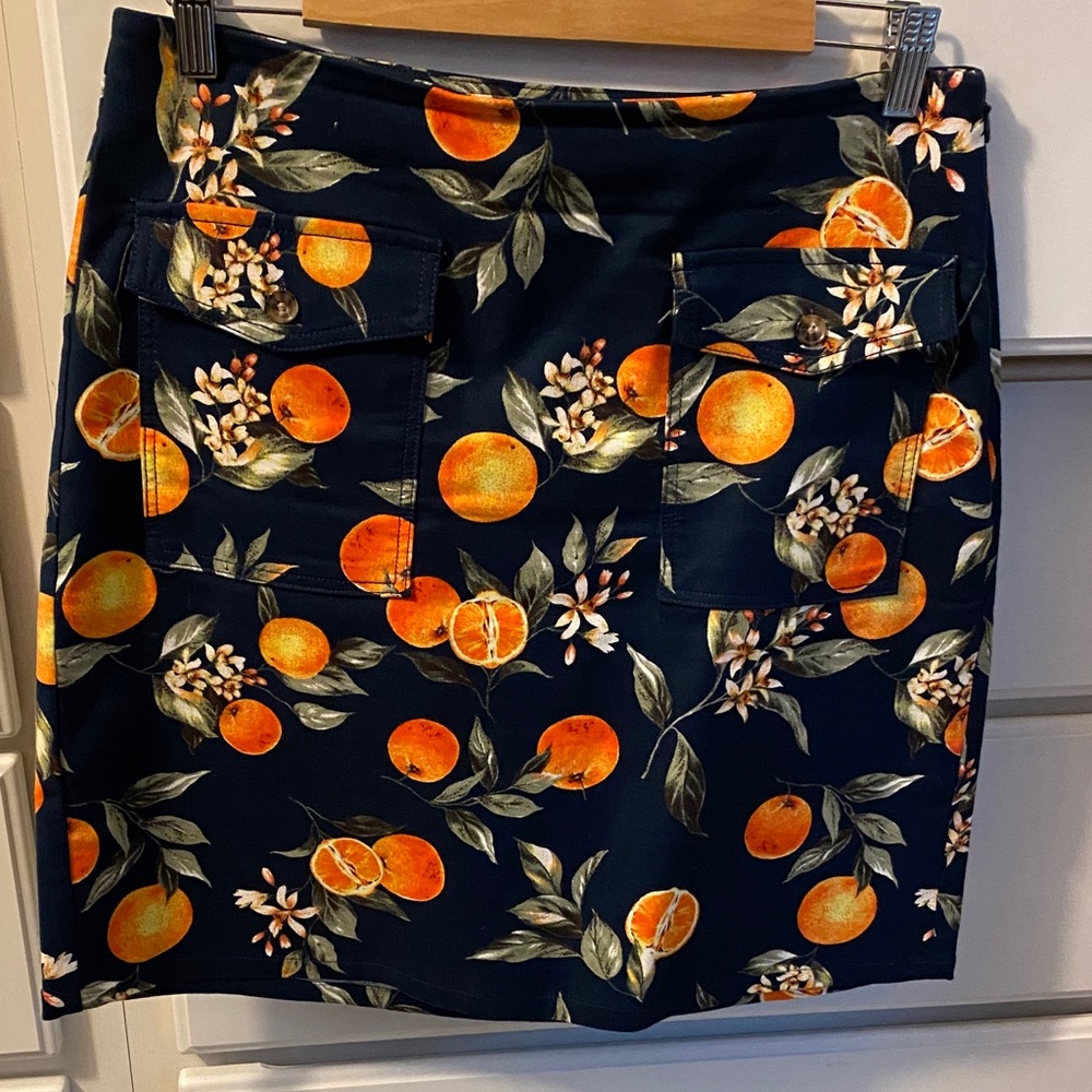 LOFT Navy and Orange Citrus Print Mini Skirt
